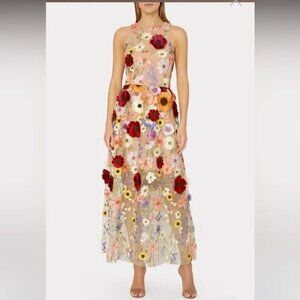 MILLY Hannah 3D Floral Sleeveless EMBROIDERED Mesh Midi Maxi Dress Sz 6 NWT